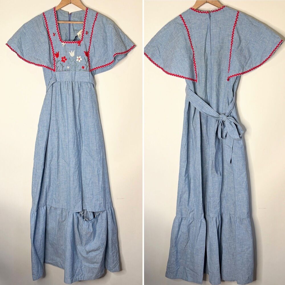 Vintage Blue Prairie Cottagecore Dress Flutter Sleeve Embroidered Union Made XS